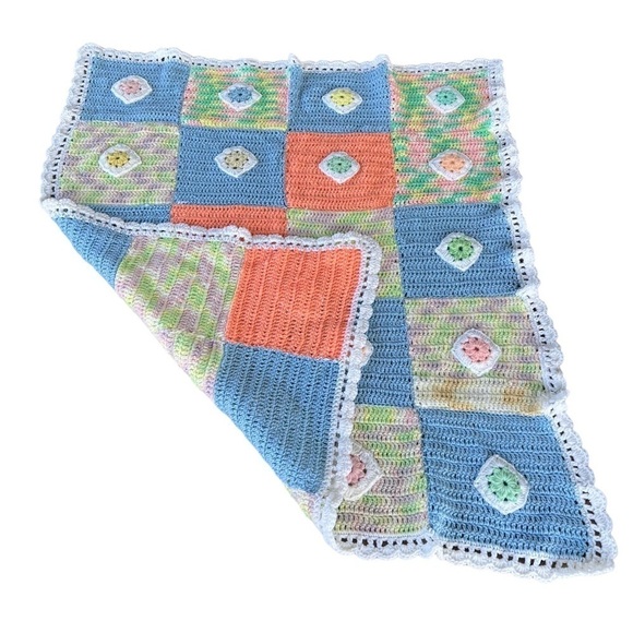 Hand Crocheted 3D Flower Baby Afghan Blanket Pastel Squares Scallop Edge 43x36 - Picture 4 of 12